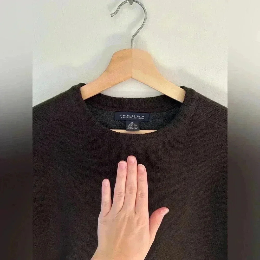 BANANA REPUBLIC WOOL CASHMERE Brown Crew neck elbow patch sweater M - Picture 5 of 10